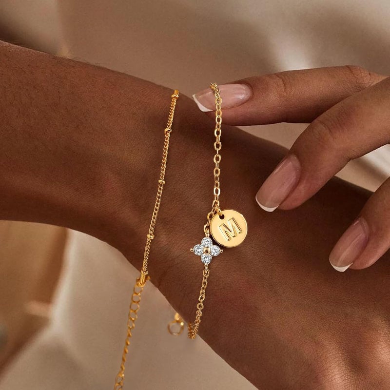 M MOOHAM Valentines Gifts for Teen Girls Women - Dainty Four Leaf Clover Bracelet for Women Trendy Personalized Initial Bracelet for Teen Girls Jewelry Valentines Gifts - Image 5